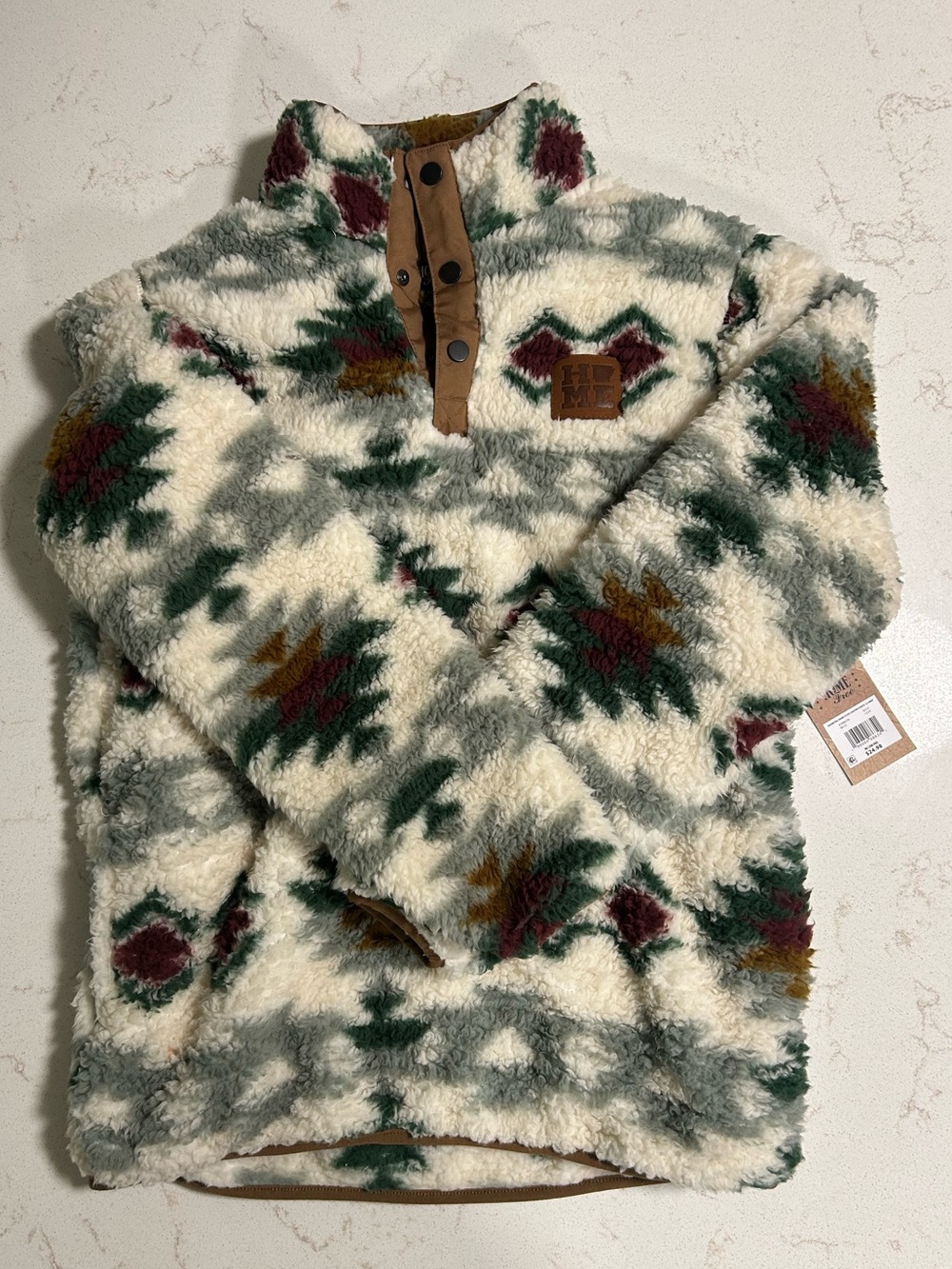 Cozy Teddy Pullover Jacket - Cream with Green & Burgundy Pattern